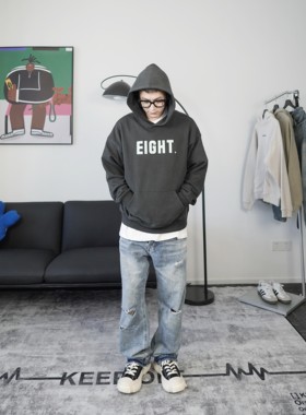 Conejoloco|男女同款简约潮流宽松短款印花连帽卫衣炭黑秋冬