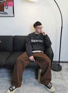 2024新款美式复古抽绳工装裤直筒阔腿裤流行休闲