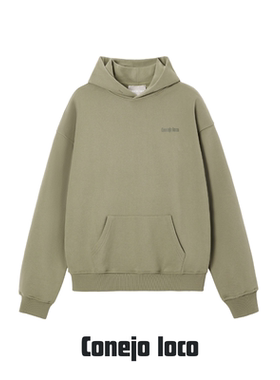 Conejoloco|男女同款简约潮流宽松短款印花连帽卫衣灰绿秋冬
