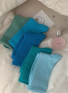 全店满20元或者6双包邮蓝色现代舞蹈袜子女中筒袜春秋季ins糖果色