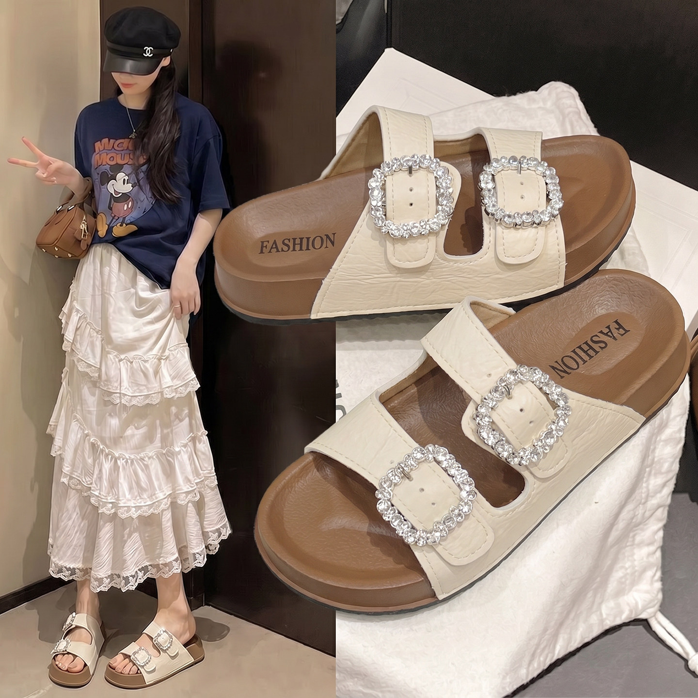 水钻方扣厚底一字拖女银色亮皮外穿松糕底网红凉拖鞋平底拖鞋夏季
