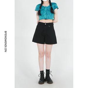 丹尼家2023春夏牛仔裤新品高腰黑色A字型休闲显瘦牛仔短裤女 韩版