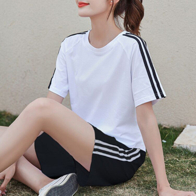 运动套装女2025夏季纯棉跑步中考体育专用休闲短袖短裤班服两件套