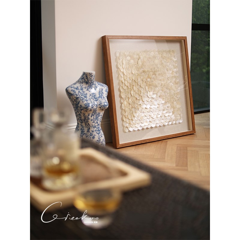 契阔家居法式手工贝壳挂画客厅餐厅高级感原木风立体画艺术装饰画图片