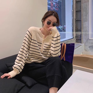 NEW复刻经典海魂衫~秋冬外出哺乳喂奶条纹圆领大码针织上衣月子服