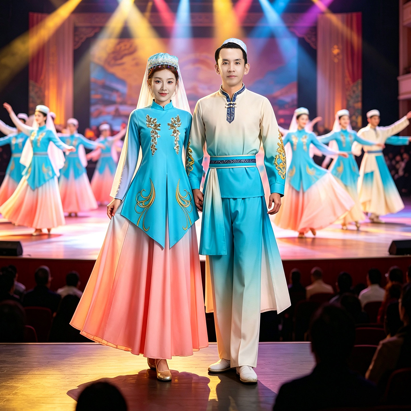 回族演出服成人男女蓝色渐变民族风刺绣长裙舞台表演服舞蹈服套装