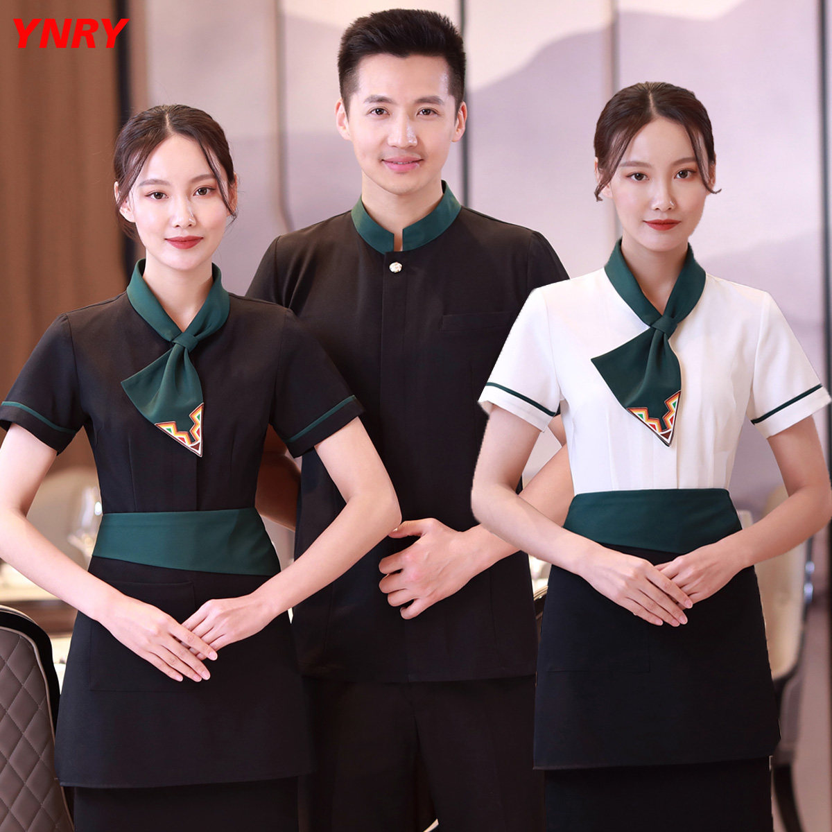 酒店服务员工作服定制印绣logo餐饮西餐厅咖啡厅高端飘带短袖套装