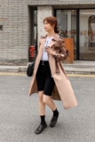 现货22秋季皮拼接长款风衣262-Q6752P135K198，女装风衣，沁古纱衣