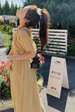 卡其色波点连衣裙夏季女2024新款法式显瘦泡泡袖高腰系带茶歇长裙，女装连衣裙，沁古纱衣