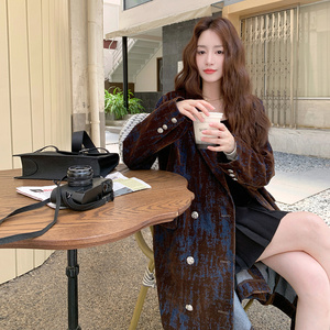 设计感显瘦时尚美拉德棕色植绒大衣女长款2025新款西装领风衣外套图片