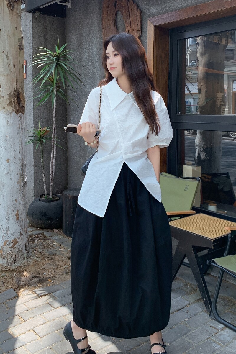 韩系时尚套装女2025夏新款设计感不规则短袖衬衫搭配半身裙两件套,女装套装/套裙,沁古纱衣