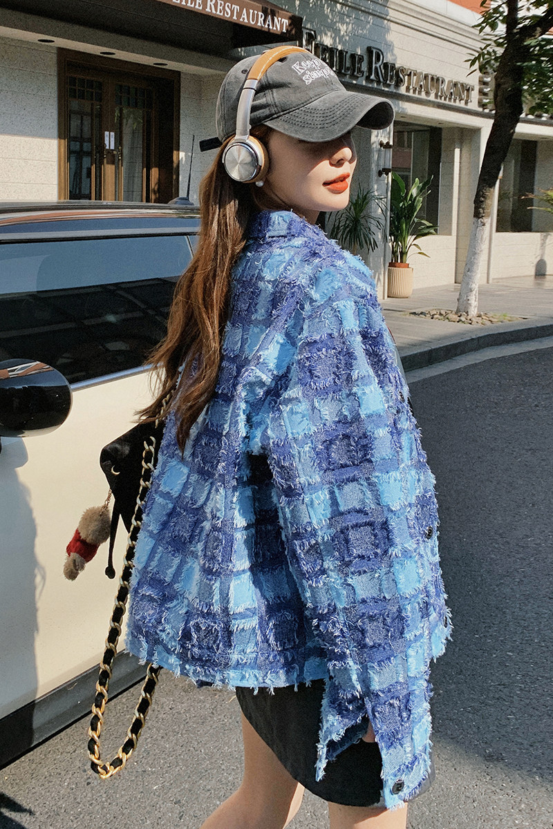 现货春秋款面料仿牛仔毛毛宽松格子外套Q993P135K208,女装短外套,2C321