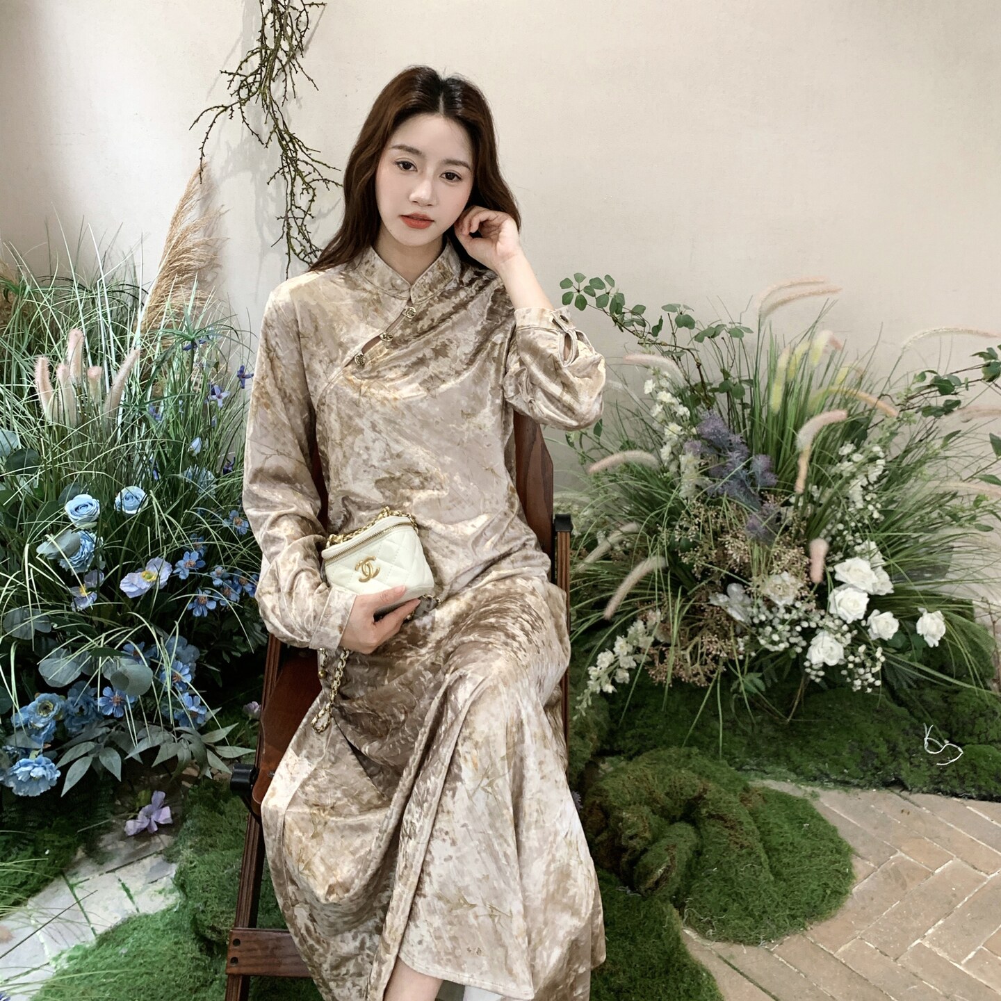 【新品出货中】自制新中式改良丝绒印花连衣裙C9102P145K238,女装连衣裙,2C321