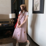 粉色卡通刺绣背心连衣裙女2025夏季新款韩系可盐可甜减龄a字长裙，女装连衣裙，沁古纱衣