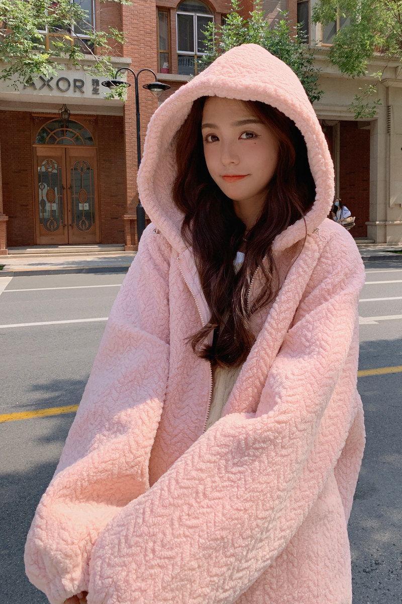 粉色软糯毛绒绒加厚短外套女2023秋冬新款韩版小个子宽松连帽棉服,女装短外套,沁古纱衣