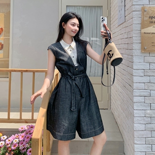 现货 P135 衬衫 S620 K198 领拼接牛仔连体裤