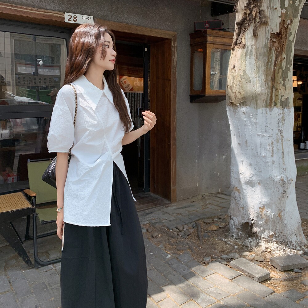 韩系时尚套装女2025夏新款设计感不规则短袖衬衫搭配半身裙两件套,女装套装/套裙,沁古纱衣