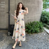 法式刺绣印花泡泡袖连衣裙女夏季2025新款苎麻高级感轻薄碎花长裙，商品下架区，沁古纱衣