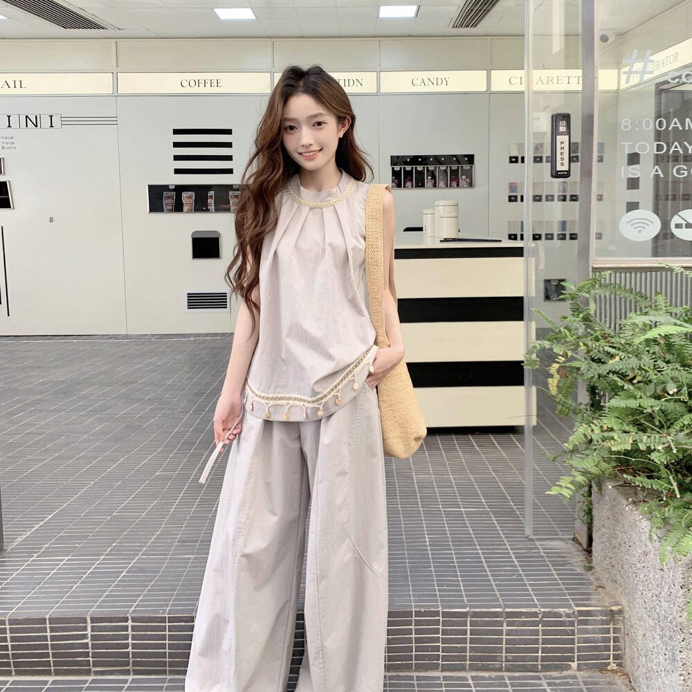 法式复古休闲套装女2025夏季新款高级感宽松无袖小衫阔腿裤两件套,女装套装/套裙,沁古纱衣