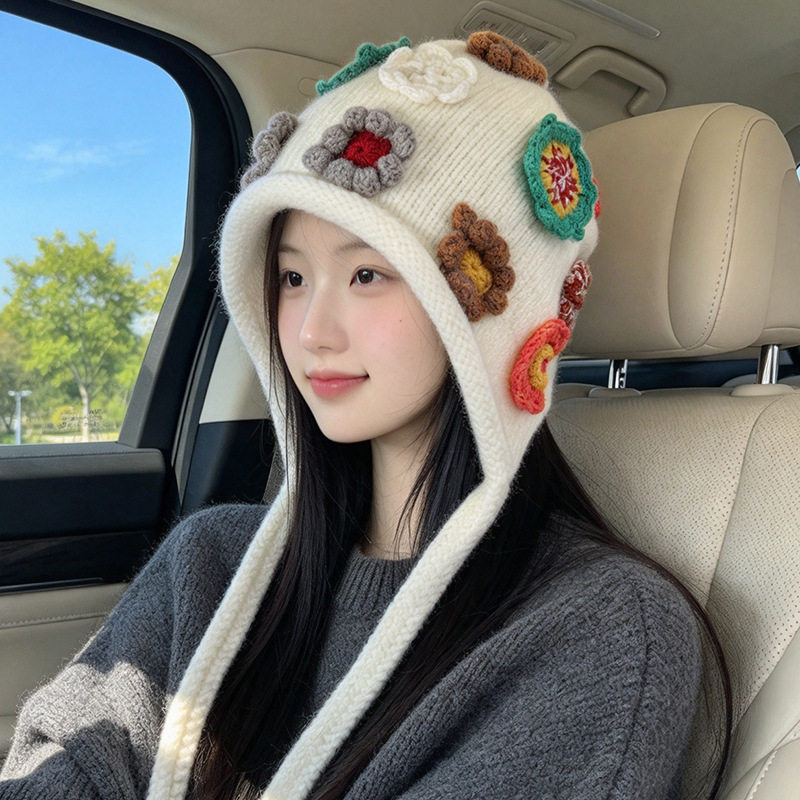 秋冬手工立体钩花护耳帽子女复古彩色花朵绑带毛线帽小众保暖冷帽