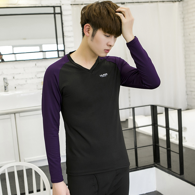 Men's warm underwear suit with velvet trousers V-collar men's jacket stitching cotton sweater