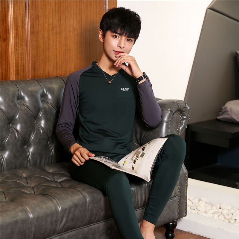 男式保暖內衣套裝男家居服裝加絨薄絨拉毛拼接潮