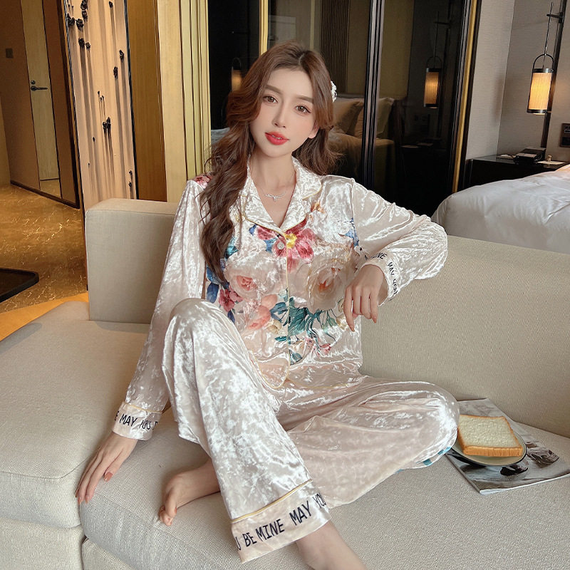 2023新款春秋韩版睡衣女长袖长裤金丝绒家居服奢华女套装睡衣
