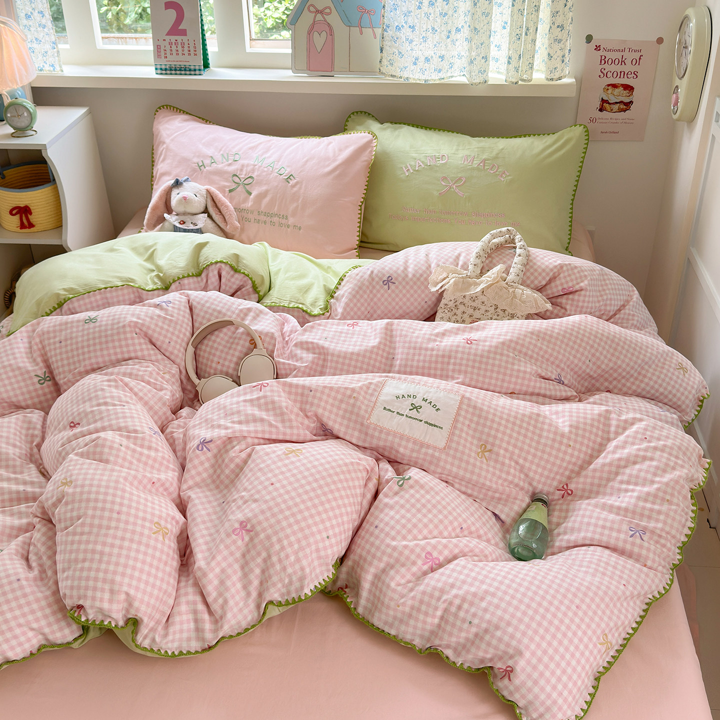 ins奶油粉色格子少女纯棉四件套全棉单人学生宿舍三件套儿童床品,床上用品,床品套件/四件套/多件套,淘宝优惠券,粉丝福利购,淘宝优惠卷