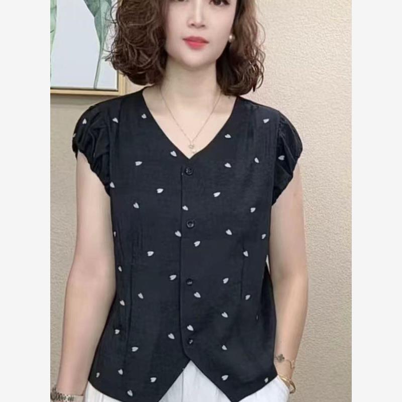 v领女士纯棉短袖2025夏季新款女装大码宽松显瘦碎花上衣洋气t恤衫
