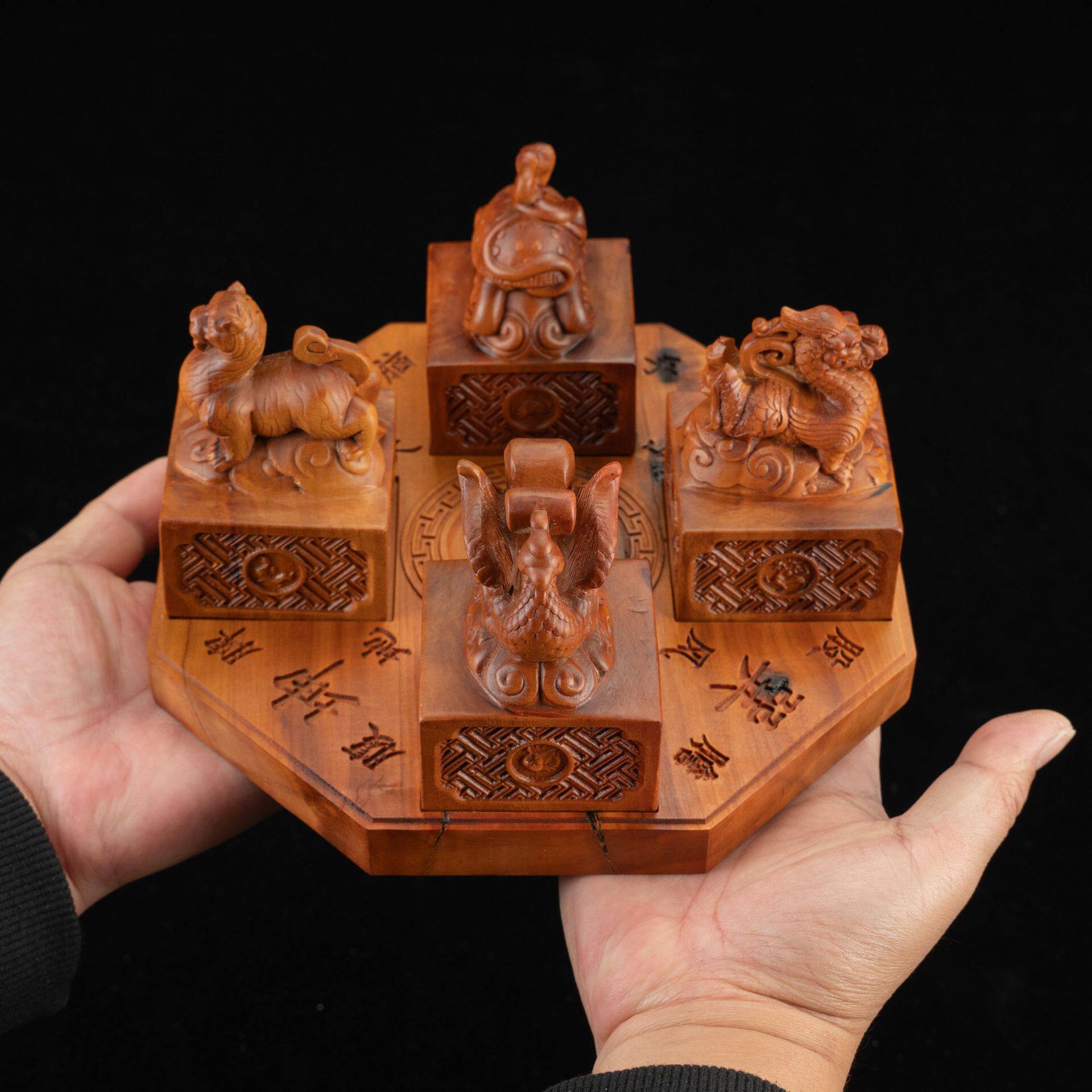 【四大神兽印章】雷击枣木四象盘底座可加工任意印面道家用品印章