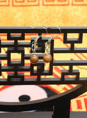 雷击枣木女士耳环925银8mm一对圆珠波西米亚风格可爱耳环耳坠