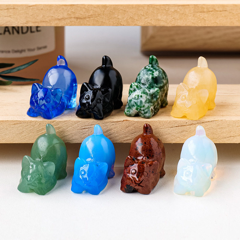 天然水晶半宝石小猫雕刻件水晶原石矿标家居桌面装饰动物摆件