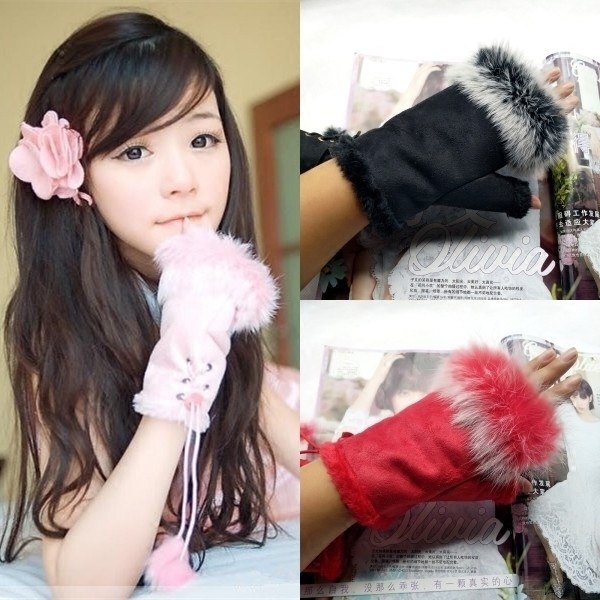 NEW PRODUCT PROMOTION  AUTUMN AND WINTER DEERSKIN FLANNEL KOREAN VERSION FINGERLESS RABBIT FUR CURD COMPUTER TOUCH SCREEN HALF FINGER GLOVES