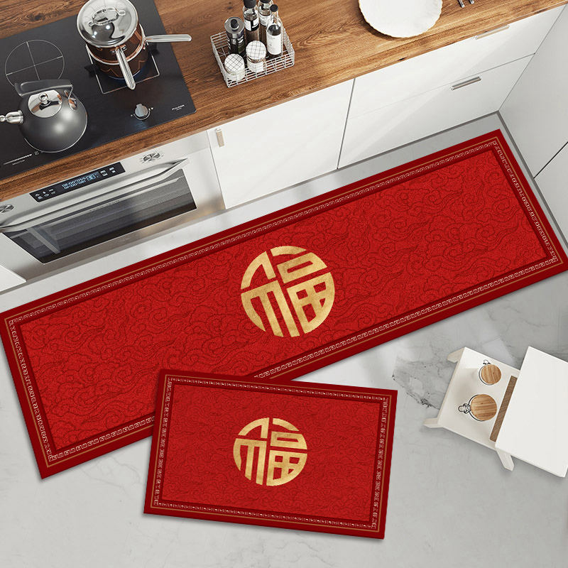 新中式厨房地垫新春喜庆红色入户门地垫过年门垫门口垫子进门地毯