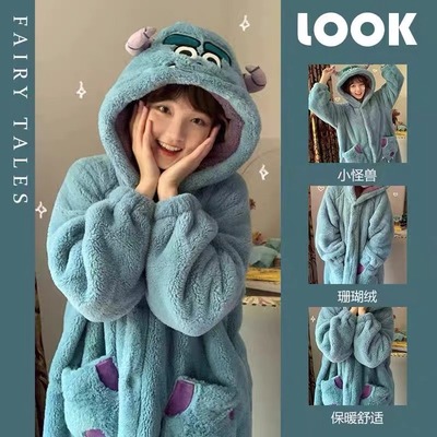 苏利文秋冬季珊瑚绒加绒加厚睡袍