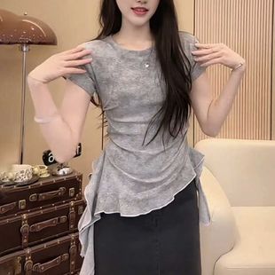扎染短袖 收腰显瘦下摆不规则洋气上衣 t恤女废土风夏新款 圆领修身
