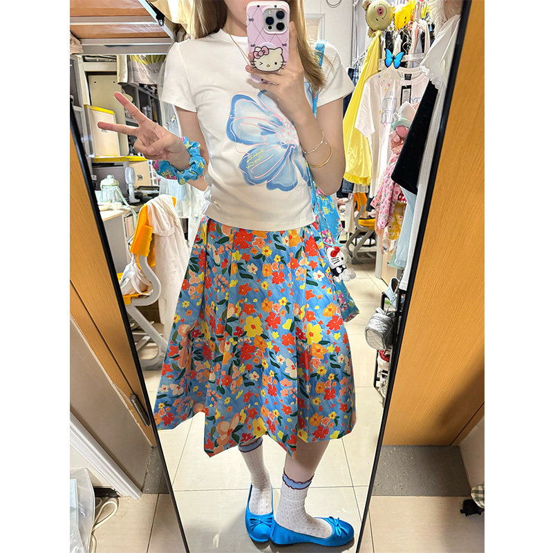 可爱甜美风休闲运动套装女夏季印花正肩短袖T恤碎花半身裙两件套