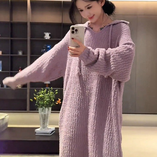慷懒风毛绒睡裙女款秋冬季长袖连衣裙保暖针织半边绒家居服可外穿