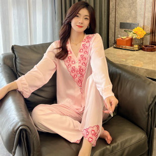 睡衣女款 高级感春秋洋气女士家居服套装 2025新款 长裤 冰丝长袖 法式