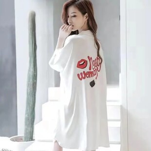 魅力红唇冰丝睡裙女款2026新款夏性感女士衬衫裙高级感睡衣家居服