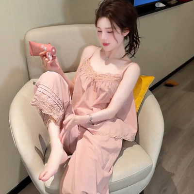 纯棉睡衣女蕾丝吊带家居服两件套