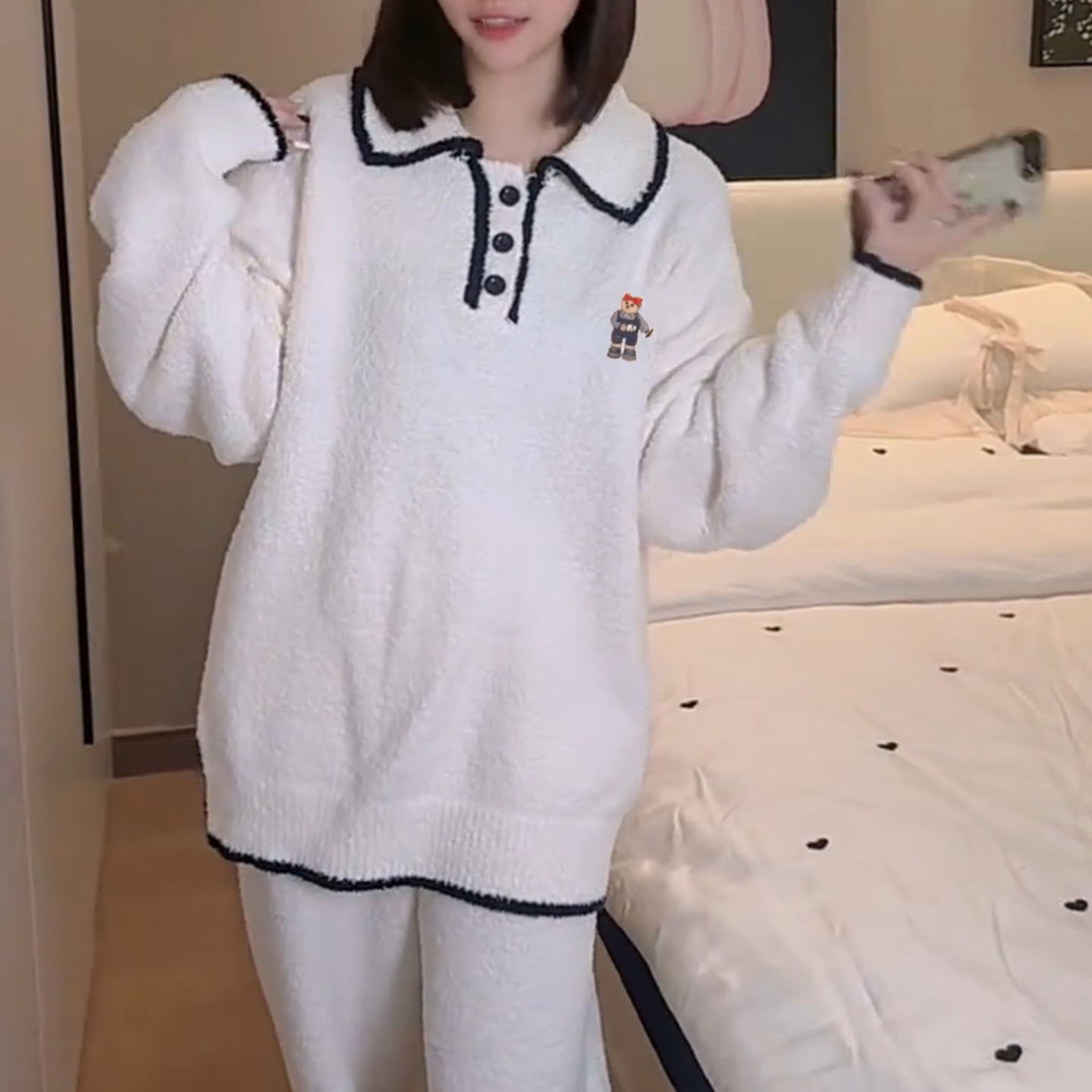 高级感针织半边绒睡衣女保暖套装