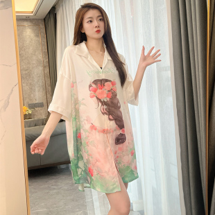 睡裙轻奢风凉感家居服 宽松甜美衬衫 小香风性感睡衣女夏季 冰丝薄款