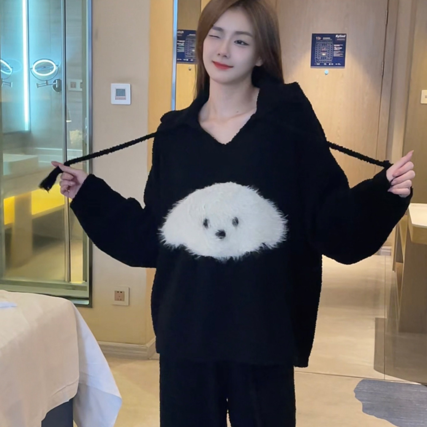毛绒针织半边绒睡衣女士秋冬款小狗翻领长袖套装保暖家居服可外穿