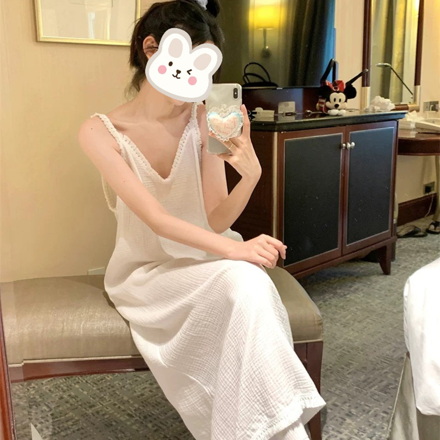 带胸垫吊带睡裙女士夏季性感露背v领流苏中长款睡衣裙棉纱家居服
