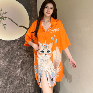 冰丝睡衣女款2026新款夏季橘色流光猫衬衫睡裙女士宽松休闲家居服