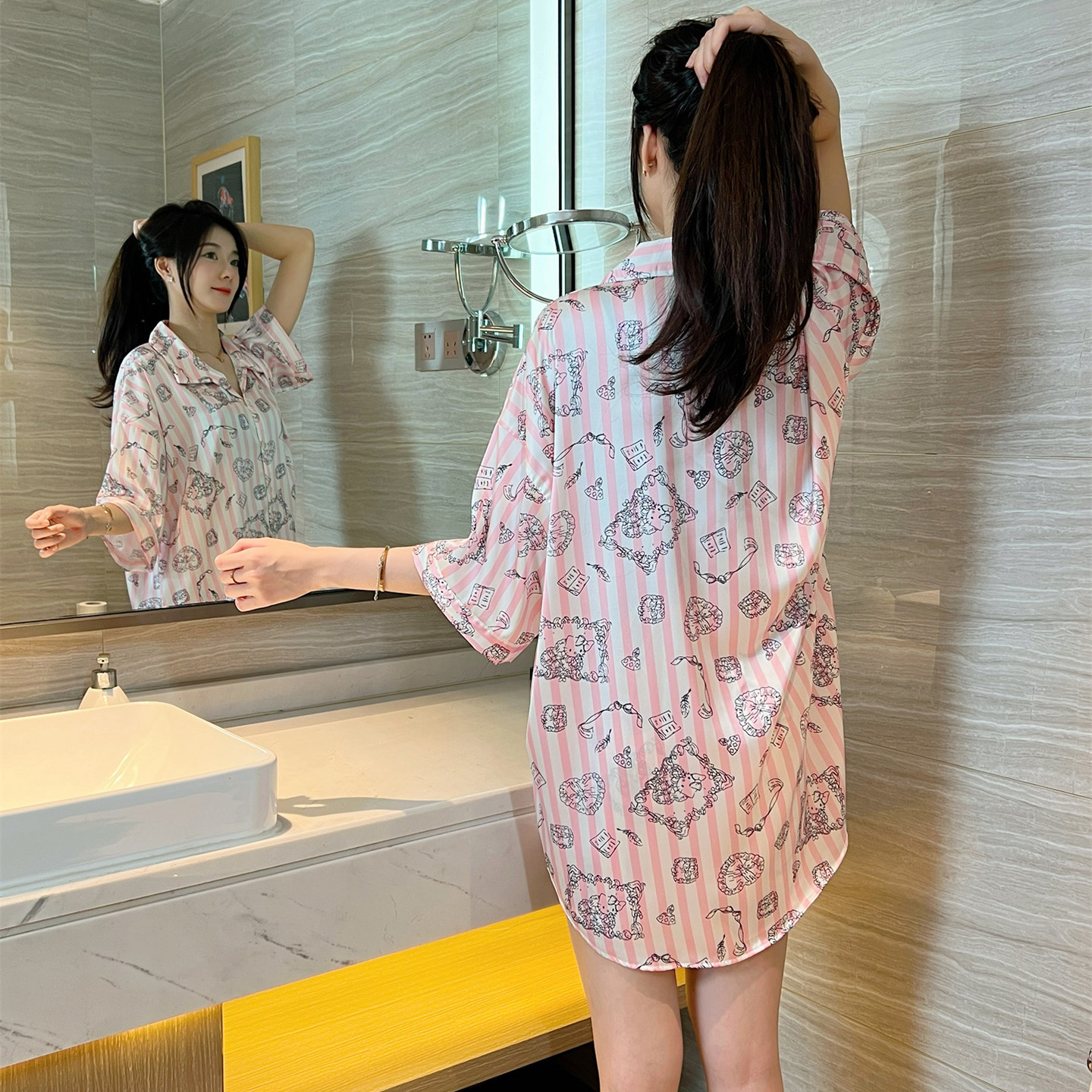 高级感冰丝衬衫睡裙女套装家居服