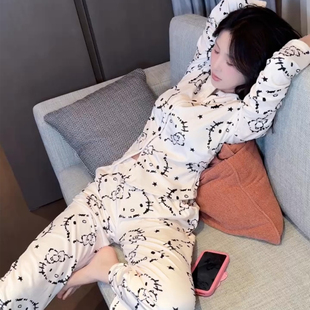 家居服套装 长裤 V领长袖 奶系Kitty猫柔软双面海岛绒睡衣女秋冬新款