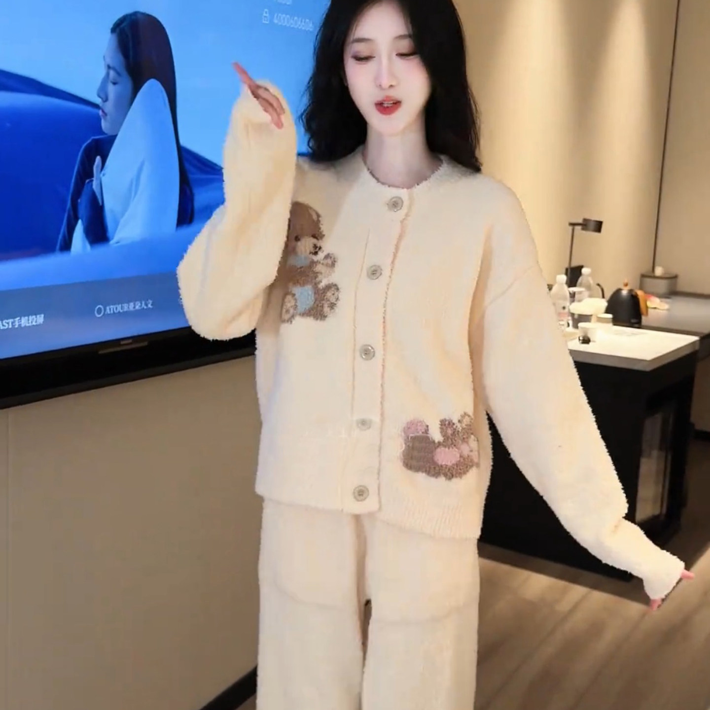 保暖半边绒睡衣女士套装家居服冬