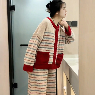 圣诞氛围感保暖针织半边绒睡衣女秋冬新款高级感毛茸茸家居服套装
